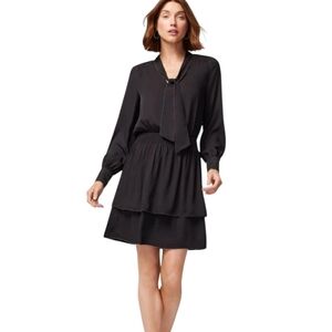 WHBM Black Dress Tie Neck Long Sleeves Beaded Trim Dress Sz L